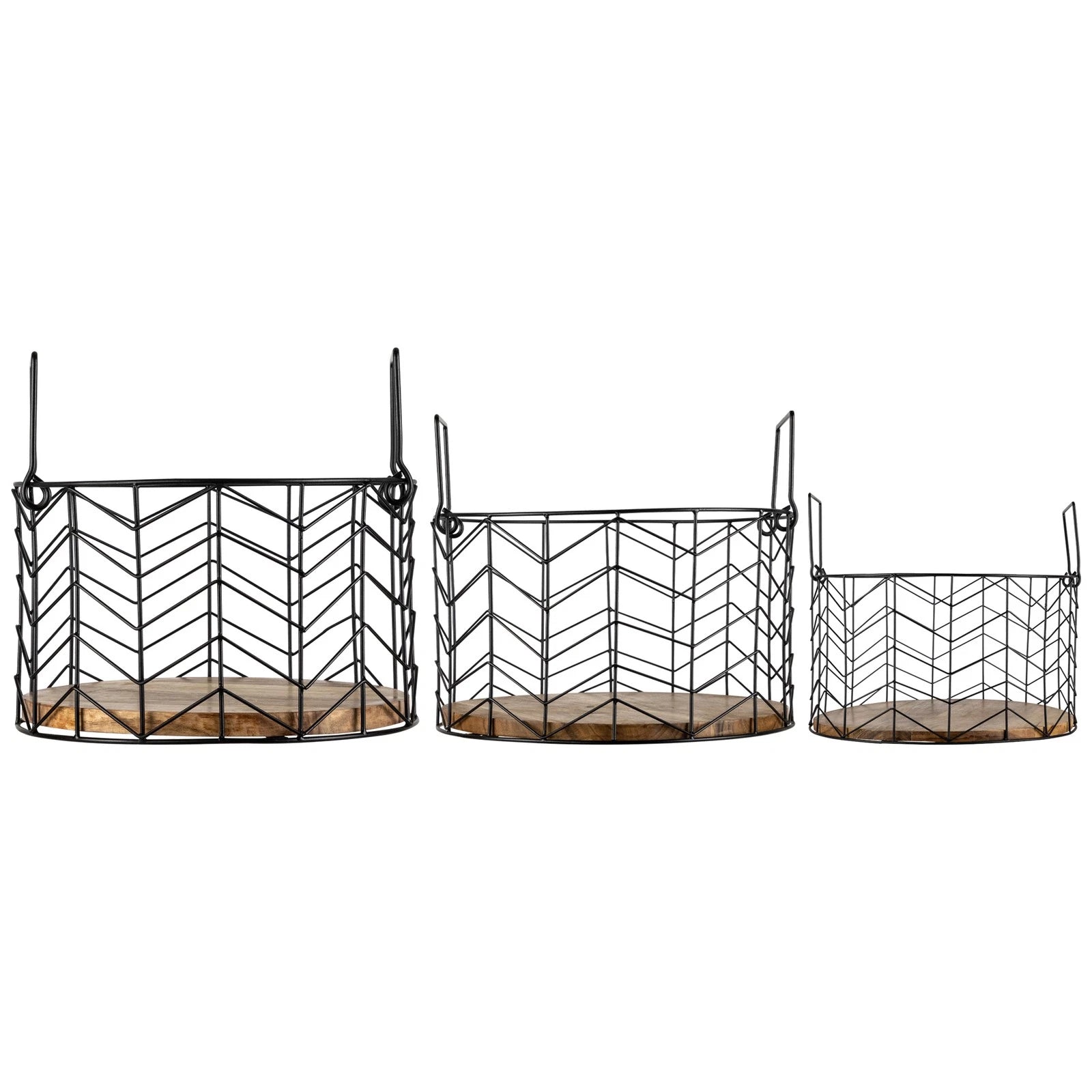 3-Piece Round Metal Wire Basket Set         Natural Wood Base        14" Decorative Storage Baskets           Multi-Purpose Organizer