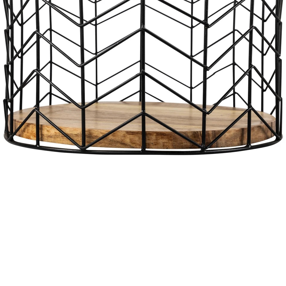 3-Piece Round Metal Wire Basket Set         Natural Wood Base        14" Decorative Storage Baskets           Multi-Purpose Organizer