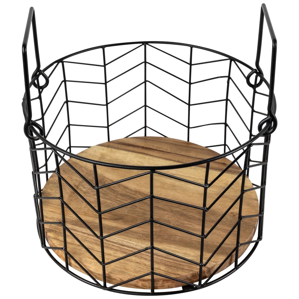 3-Piece Round Metal Wire Basket Set         Natural Wood Base        14" Decorative Storage Baskets           Multi-Purpose Organizer