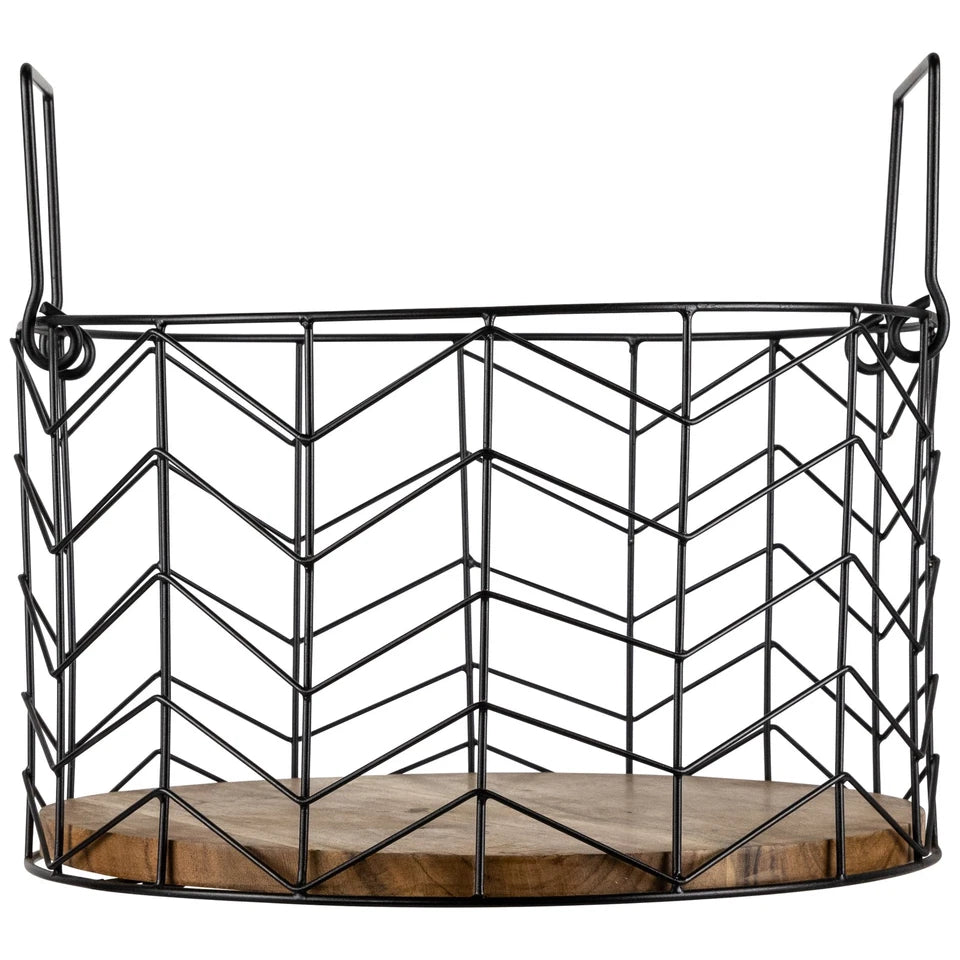 3-Piece Round Metal Wire Basket Set         Natural Wood Base        14" Decorative Storage Baskets           Multi-Purpose Organizer